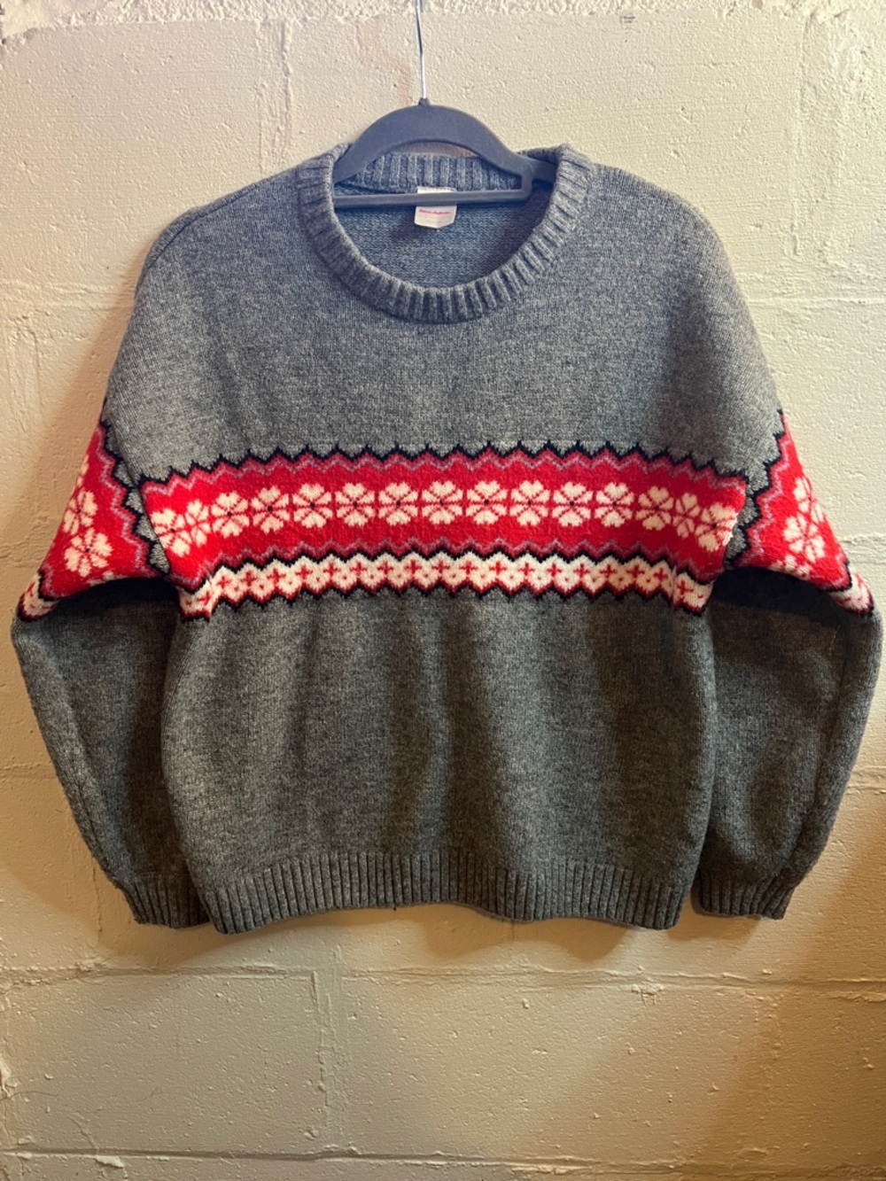 Hanna Andersson Gray Crewneck Sweater with Red & White Fair Isle Band